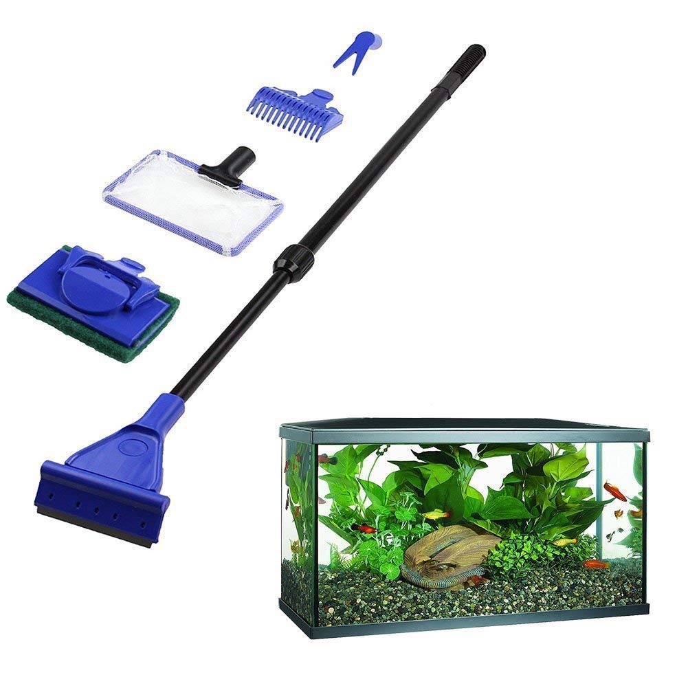 GNB PET5 in 1 Multi-Function Aquarium/Fish Tank Cleaning Tool, Algae Scraper, Fish Net, Sponge, Plant Fork, Gravel Rake Long Deep Fish Tanks