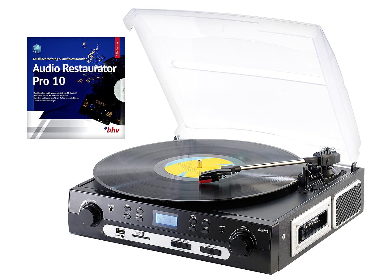 Q-Sonic Schallplattenspieler: Schallplatten- und MC-Digitalisierer + Audio Restaurator Pro 11 (Kassettendeck, MP3 Plattenspieler, HiFi)
