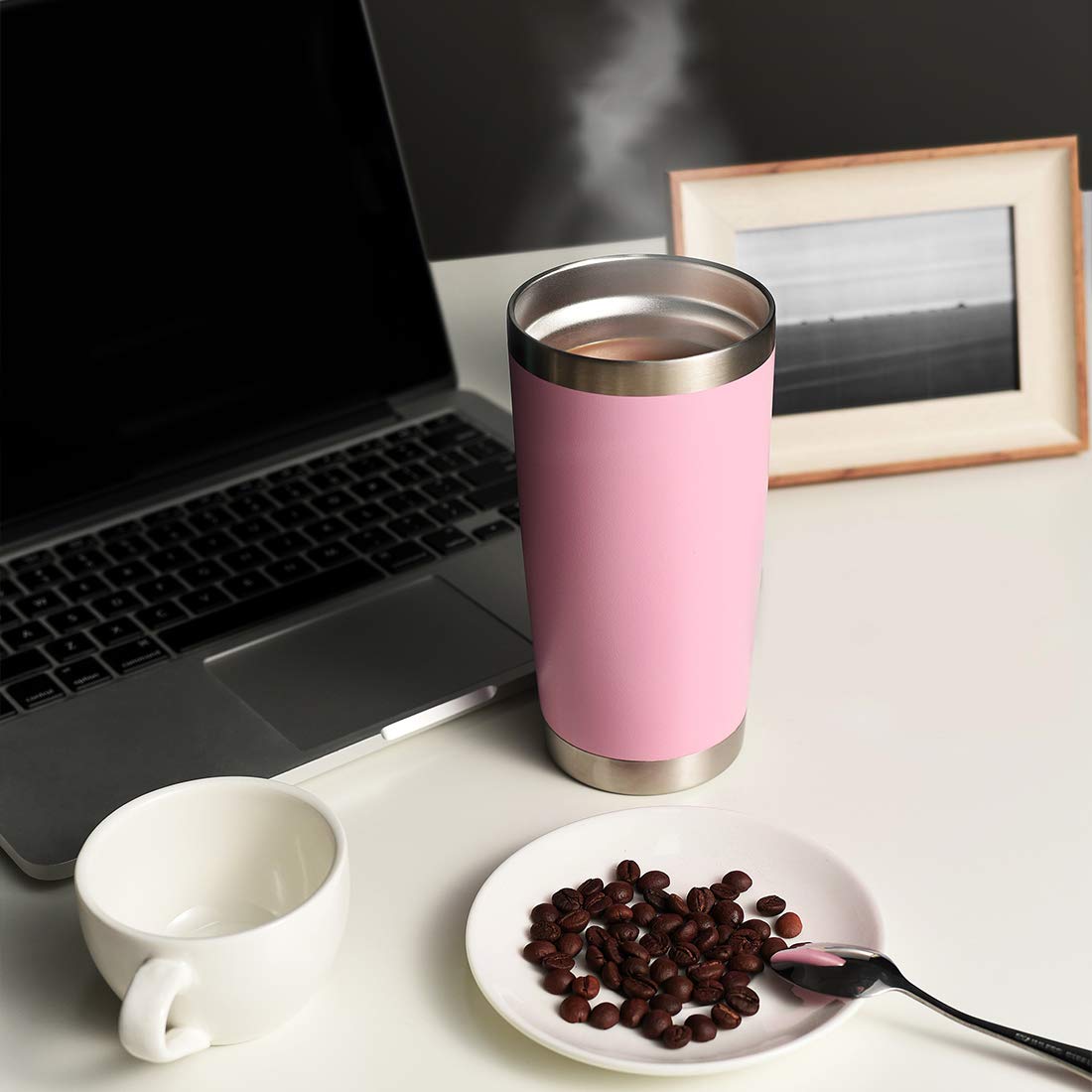 DOMICARE Vaso de acero inoxidable con tapa, doble pared aislada al vacío taza de viaje, taza de café con recubrimiento en polvo
