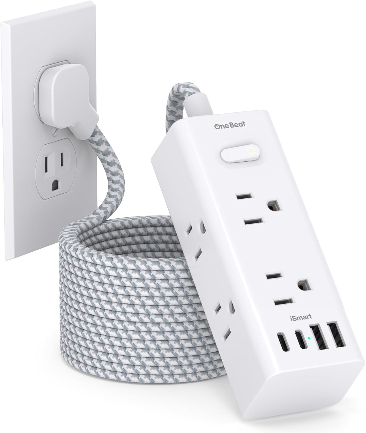 10 Ft Power Strip Surge Protector - One Beat 6 Widely Outlets with 4 USB Ports(2 USB C), 3 Sided Outlet Extender, Flat Plug Extension Cord, Wall Mount