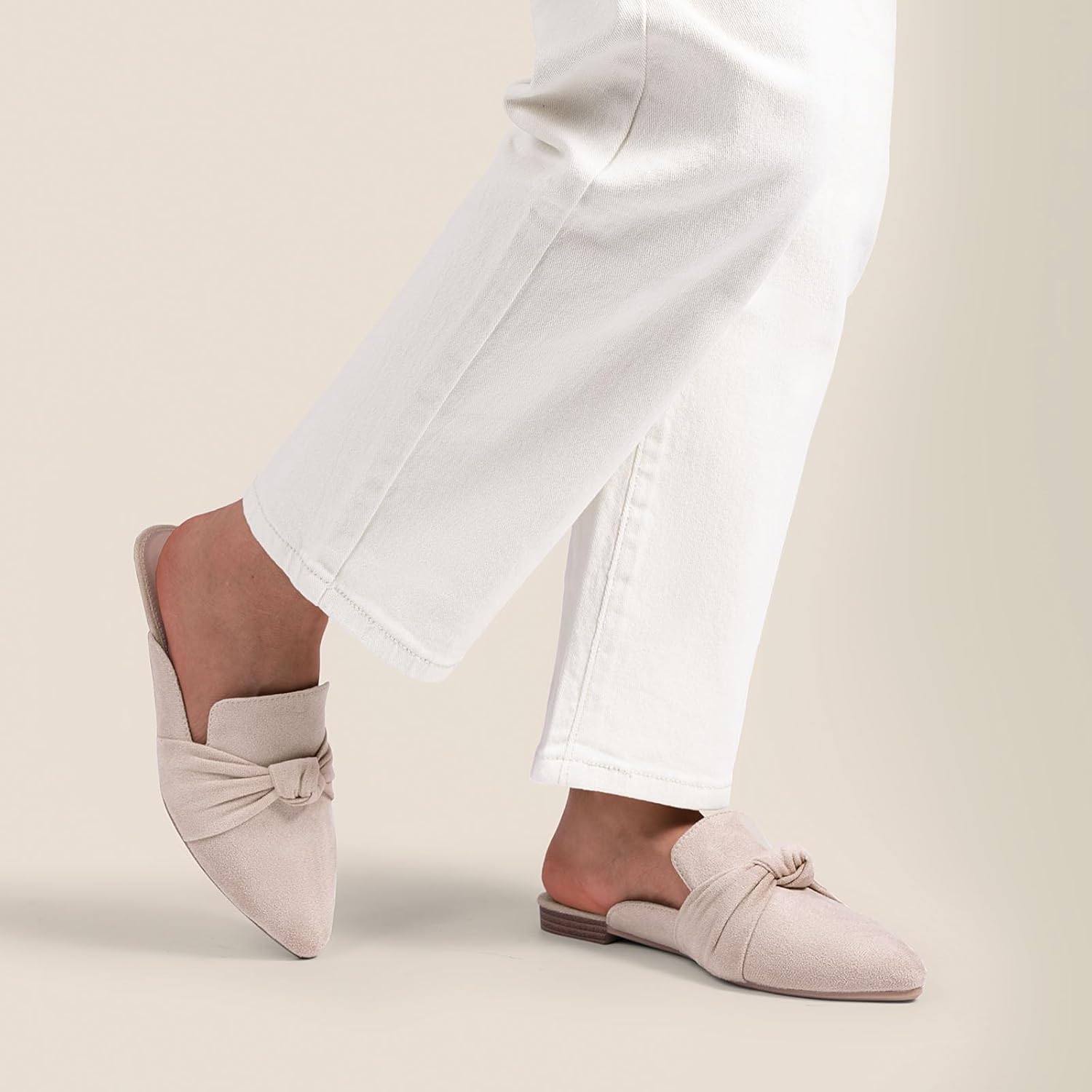 MUSSHOE Mules for Women with Bow Knot: Pointed Toe Flats - Cloud-Cushion Suede Backless Loafers for Office & Casual Wear - Wide-Fit Friendly Slip On Slides with Memory Foam - Image 2