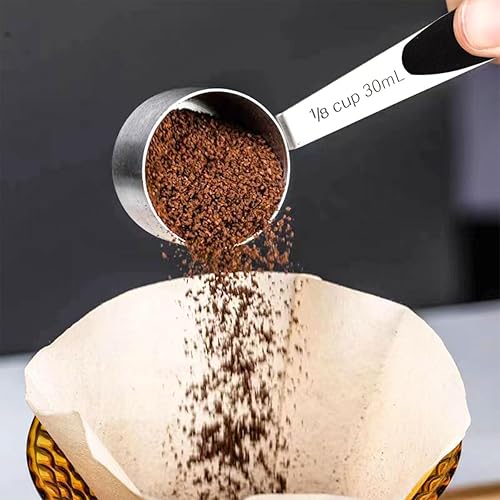 Miniatura 5 de 2 cucharas medidoras de acero inoxidable de 18 de taza, cuchara medidora de café de 1.0 fl oz, taza de medición pequeña con mango de silicona negra,