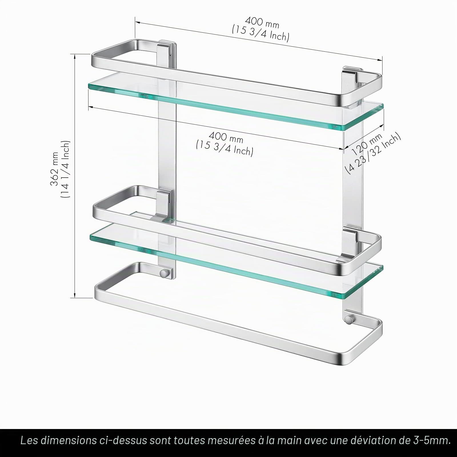 KES Etagere Salle de Bain avec Porte-Serviettes Aluminium Étagère Murale en Verre 8MM Verre Trempé Épais Rangement Douche Deux Niveaux Argent, A4127B