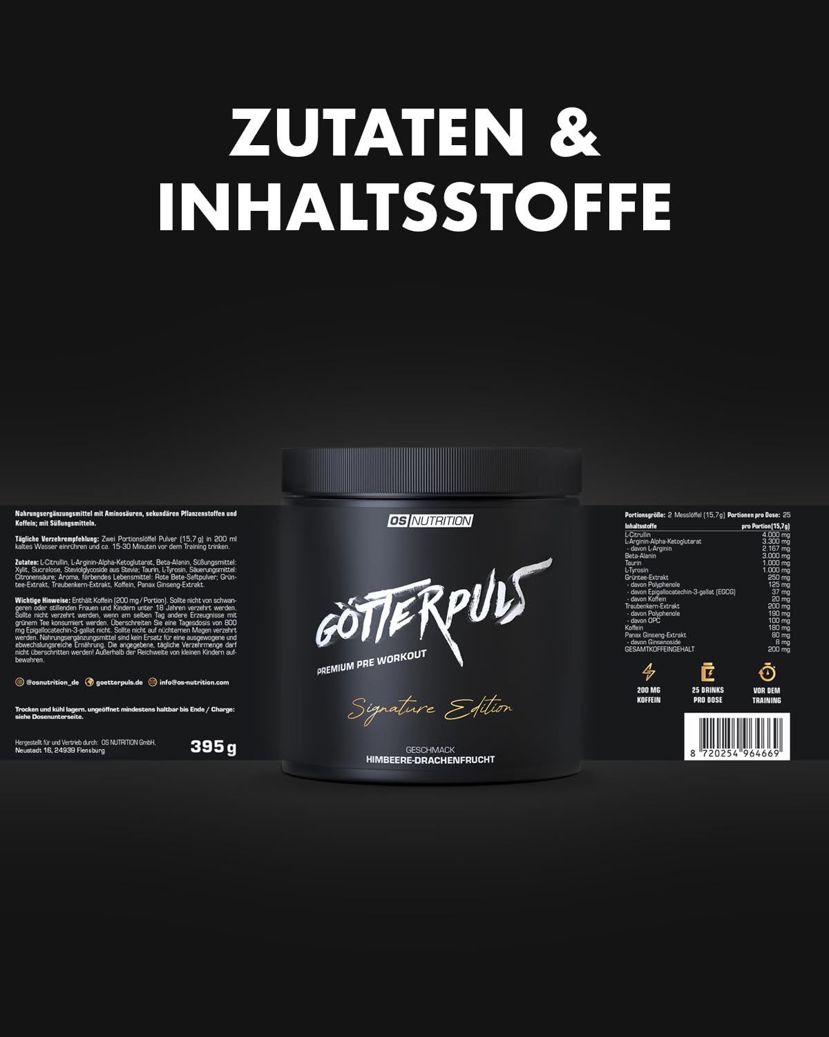 Götterpuls Pre Workout Signature Edition 395g Pulver Himbeere-Drachenfrucht | Mit L-Citrullin, AAKG, L-Tyrosin & Beta-Alanin – 200mg Koffein pro Portion – Vegan – 25 Portionen