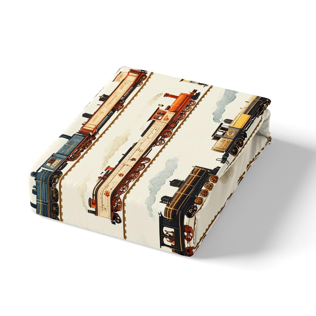 Feelyou Kids Train Fitted Sheet Set - Queen Size Buffalo Check Orange Plaid - Retro Steam Engine Bedding - View #12
