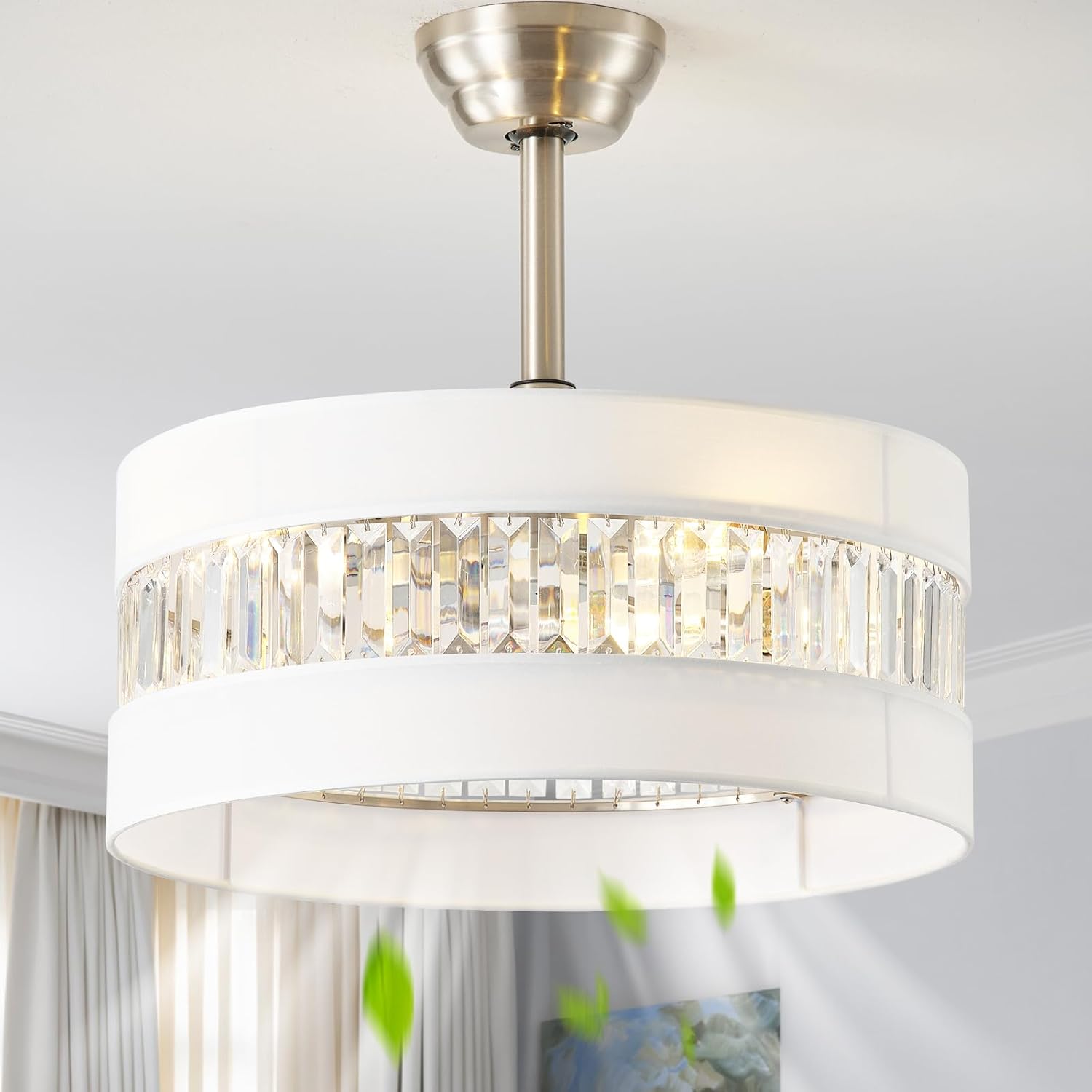 20" Silver Fandelier Ceiling Fan with Lights, Mid Century Silver Caged Ceiling Fans with Lights and Remote, Crystal with 6 Speeds for Bedroom, Living Room, Kitchen