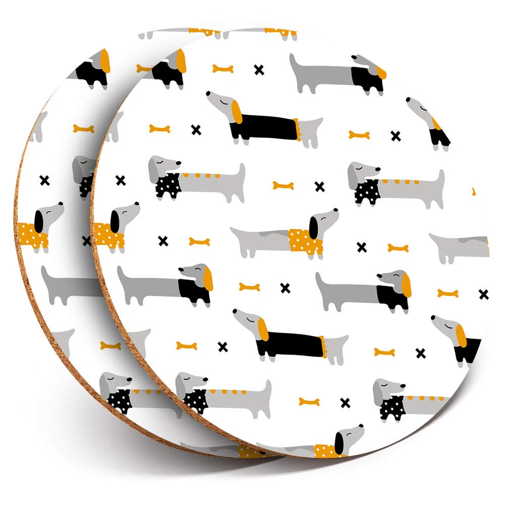 Destination Vinyl Ltd Multicolor 2 X Round Coasters - Dachshund Sausage Dog Drawings - Cork Backed Home Kitchen Accessory Tea Coffee Mug Mat #21806