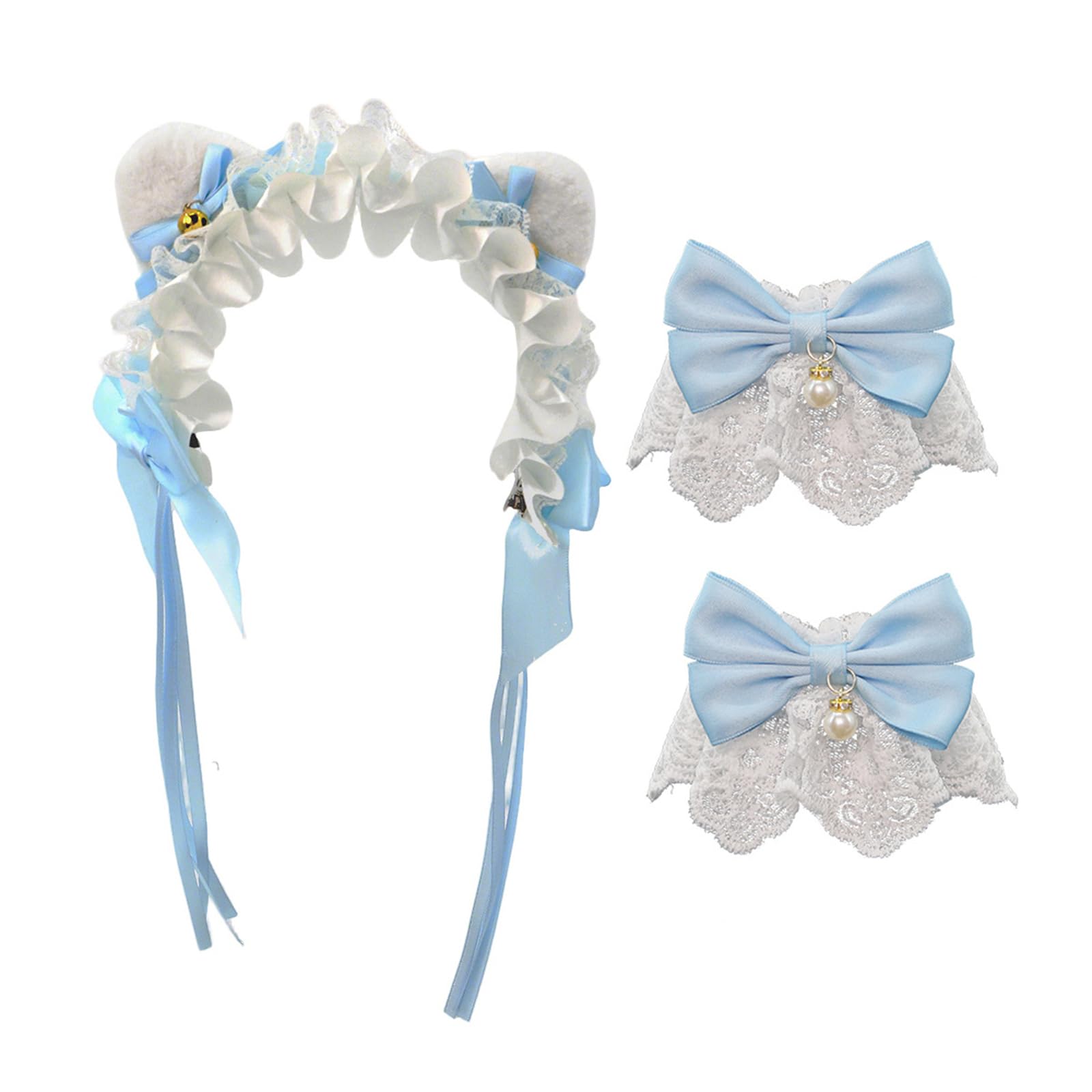 YUXITA Adjustable Lace Cats Ear Headbands With Bowknot And Bells Bracelet Costume Wirst Cuff For Women Girls Cosplay Party