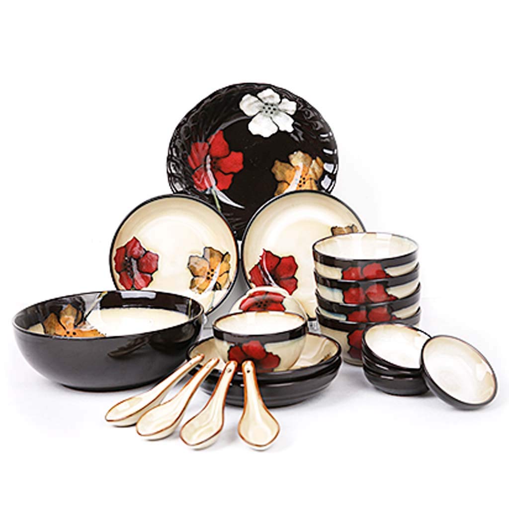 snmi Painted 20-Piece Stoneware Dinnerware Set, Service for 4-6，Bowl, Saucer, Plate, Spoon，multicolor