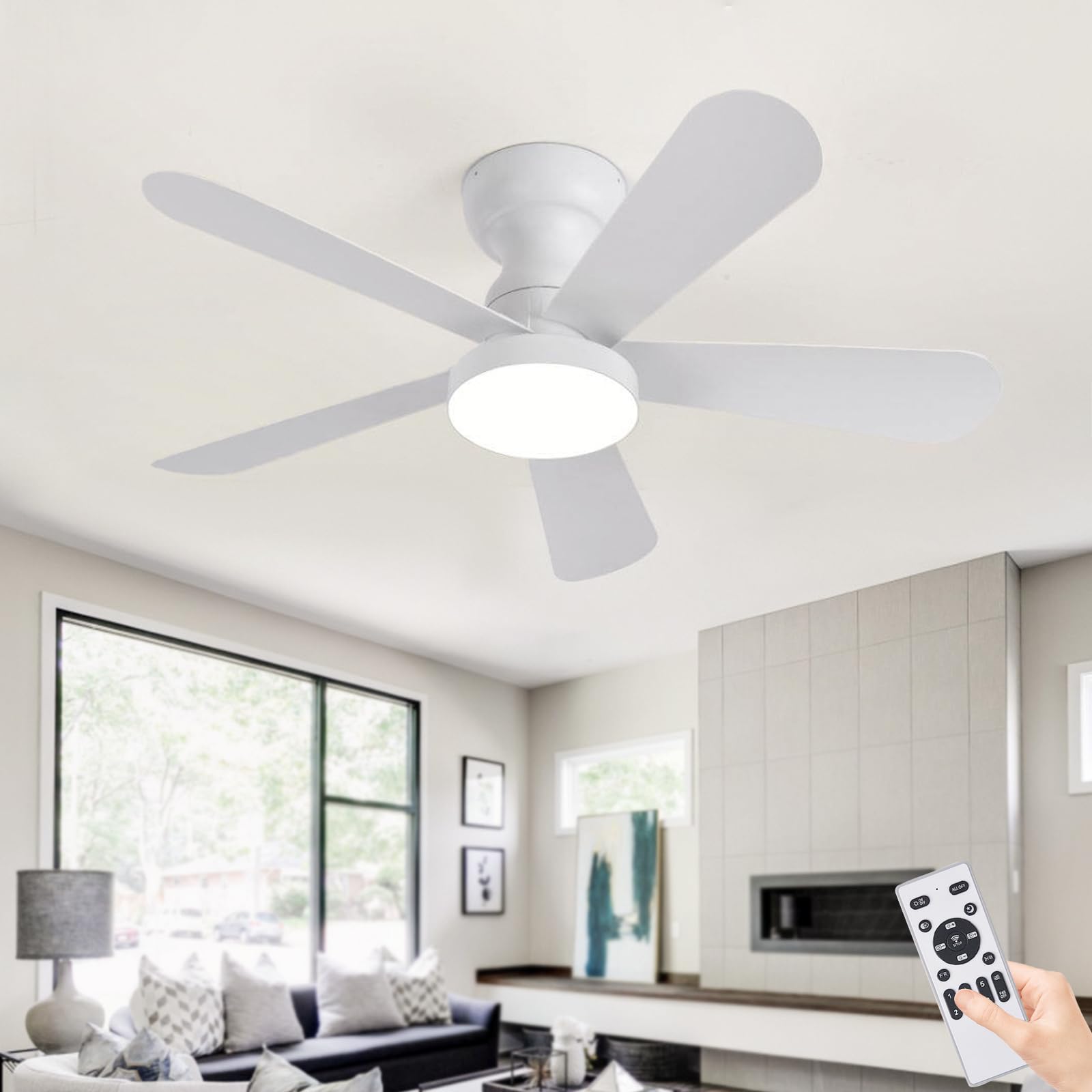 Ventilateur de plafond silencieux blanc à intensité variable et moteur réversible 6 vitesses