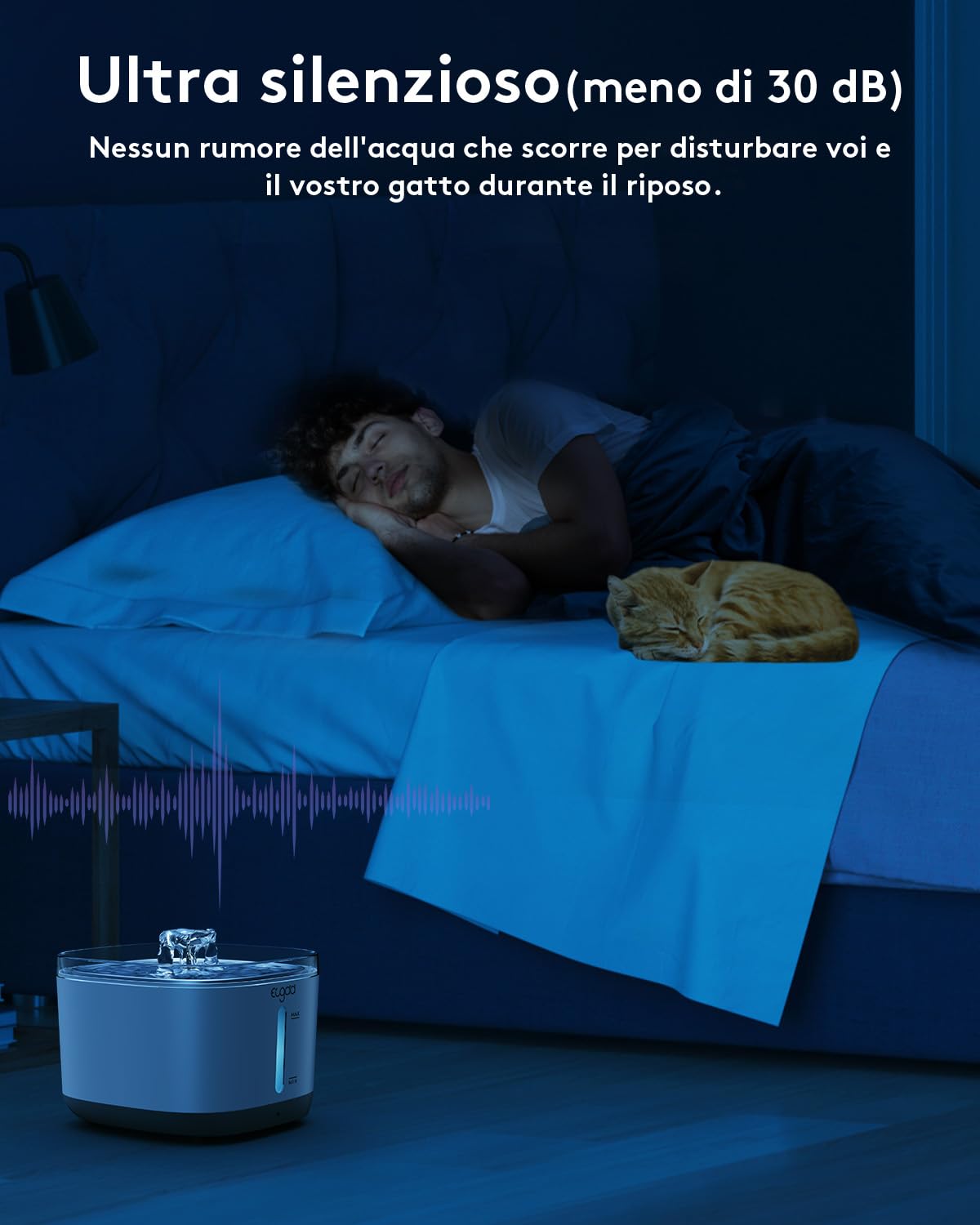 EUGAD Fontanella per Gatti Senza Fili, 2.5L Fontanella per Gatti Cani con Sensore, Distributore Acqua Gatti Acciaio Inox 304, 30dB Ultra Silenzioso,Filtraggio dei Peli Randagi,Batteria 5000 mAh