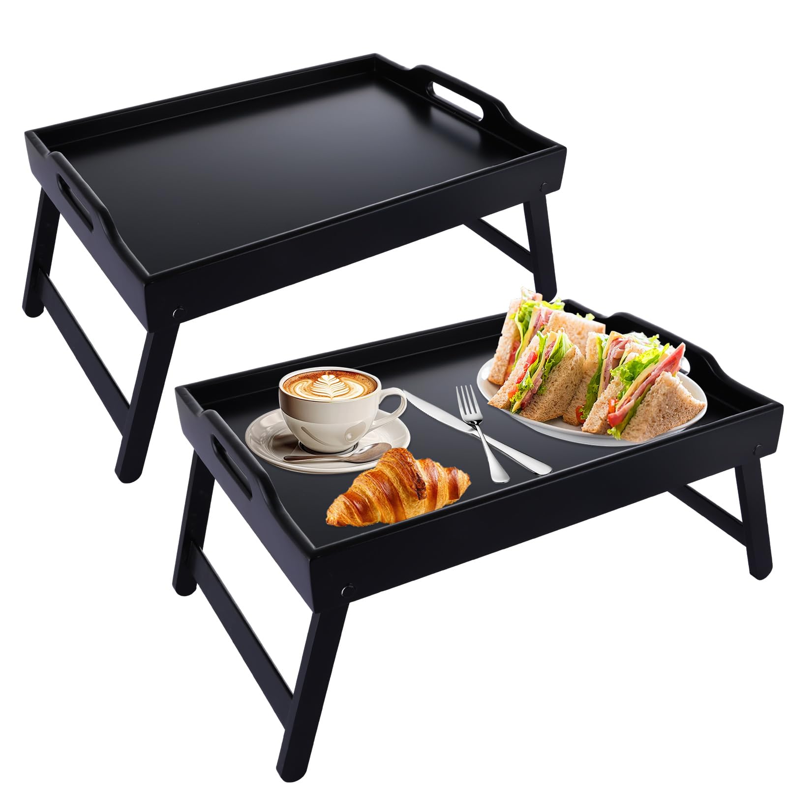 SHUESS 2 Pack Black Bamboo Bed Tray - Breakfast Tray with Folding Legs - 41.5 x 30 x 20.5 cm Trays for Eating on Lap, Ideal for Bed, Sofa, Eating, Platters, Working, Serving, and Drawing