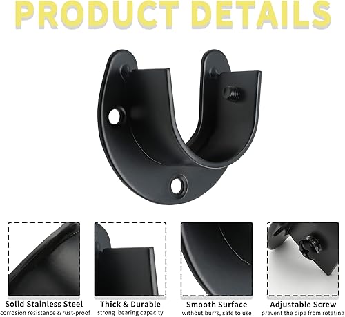 Miniatura 4 de LifCratms 4 soportes de acero inoxidable para barra de armario, soporte de barra de cortina de ducha en forma de U de 1 pulgada, soporte de extremo