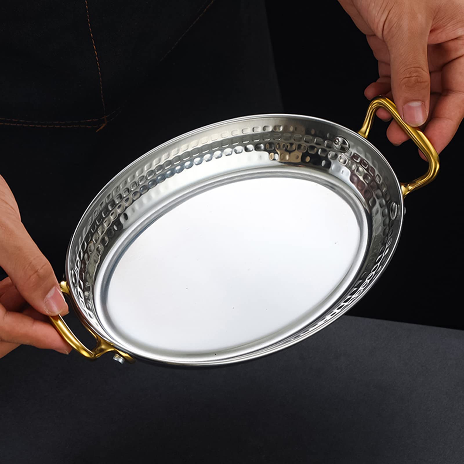 Piatto ovale in acciaio inox con due manici, per pesce, frutta, antipasti, snack, sushi, dessert, carne, superficie martellata lucida (22 cm, oro)