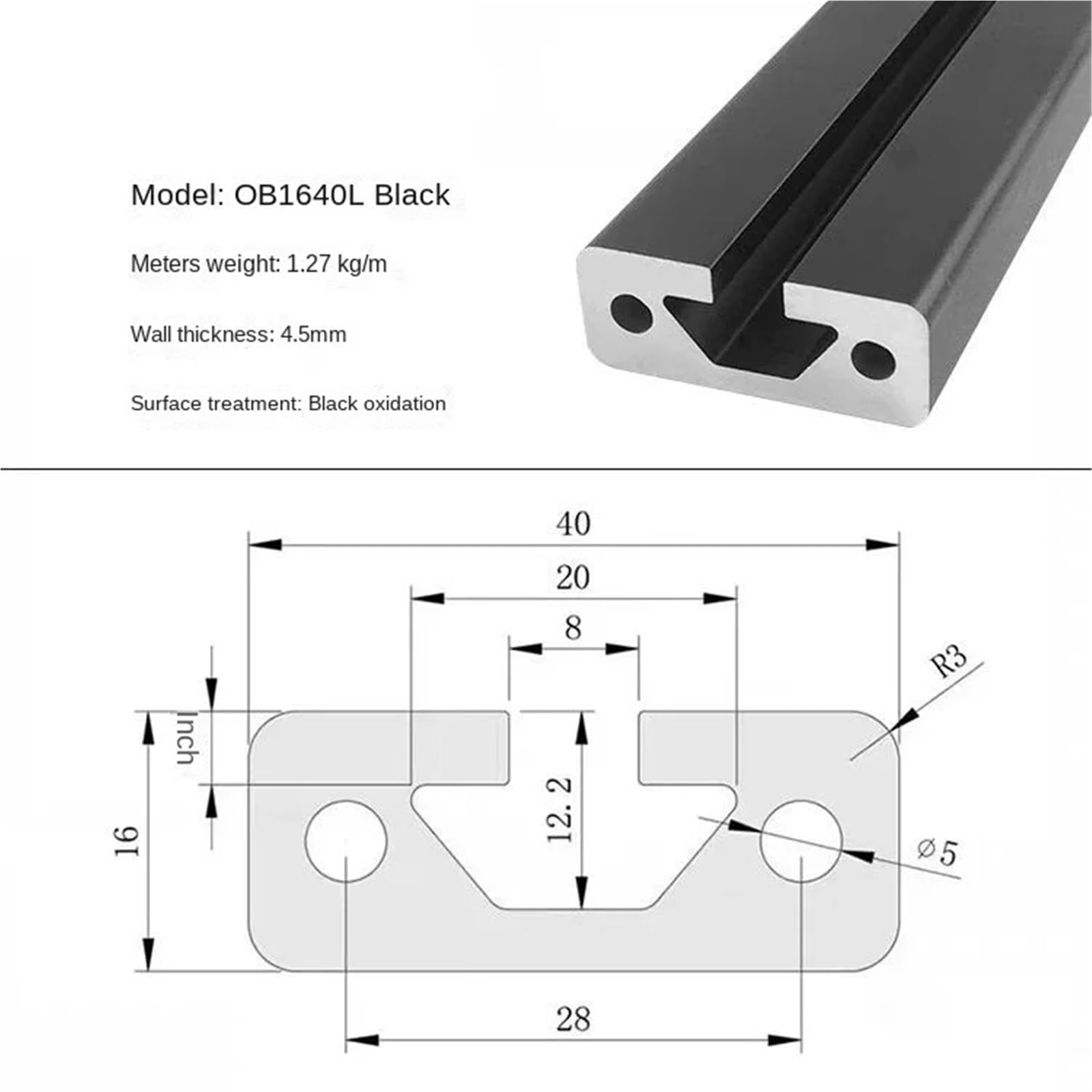GTPBAO Profilo in alluminio anodizzato 16x40mm, standard europeo 1640, telaio for guide lineari for linee di montaggio industriali, scaffalature di arrampicata Binario estruso(Nero,850mm long)