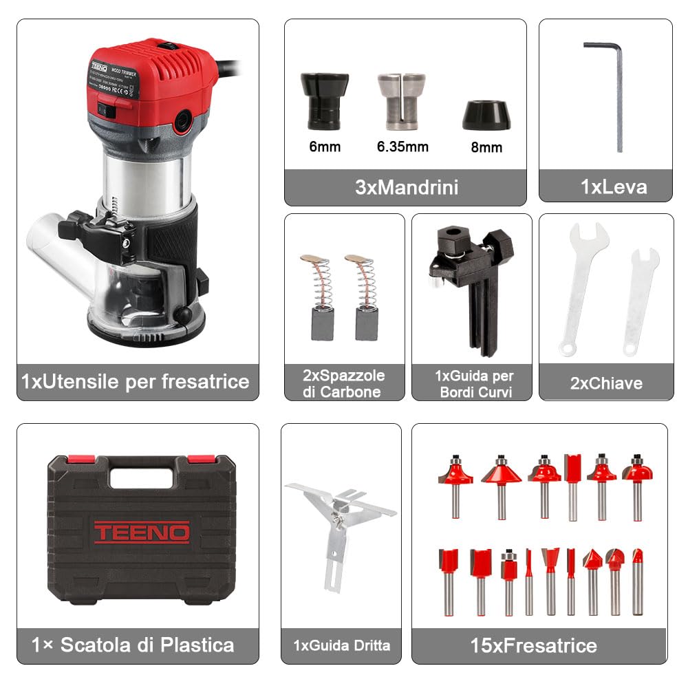 TEENO Rifilatore Fresatrice Verticale per Legno 800W 13000-33000 RPM, Legno Rifilatrice Elettrica Con 15 pezzi 1/4" Fresatura Cuter, 6 Velocità Variabili, Mandrino 6/6.35/8mm,SCATOLA DI PLASTICA
