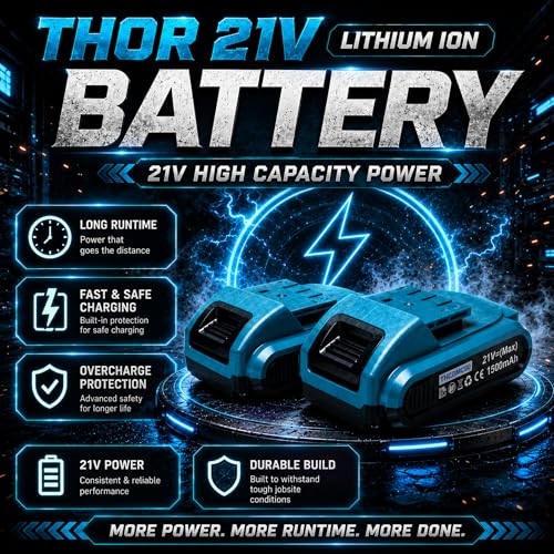 Image of THOR 21V Cordless Drill, 10mm Metal Chuck, 350-1350 RPM, 2x1500mAh Li-Ion Batteries, for Wood Metal Masonry, with Carry Case