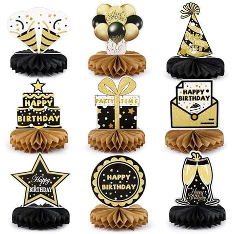 BETESSIN 9 Pcs Geburtstag Bienenwaben Deko Papier Schwarz Gold Happy Birthday Tisch Ornamente Papier Tischdekoration Cover