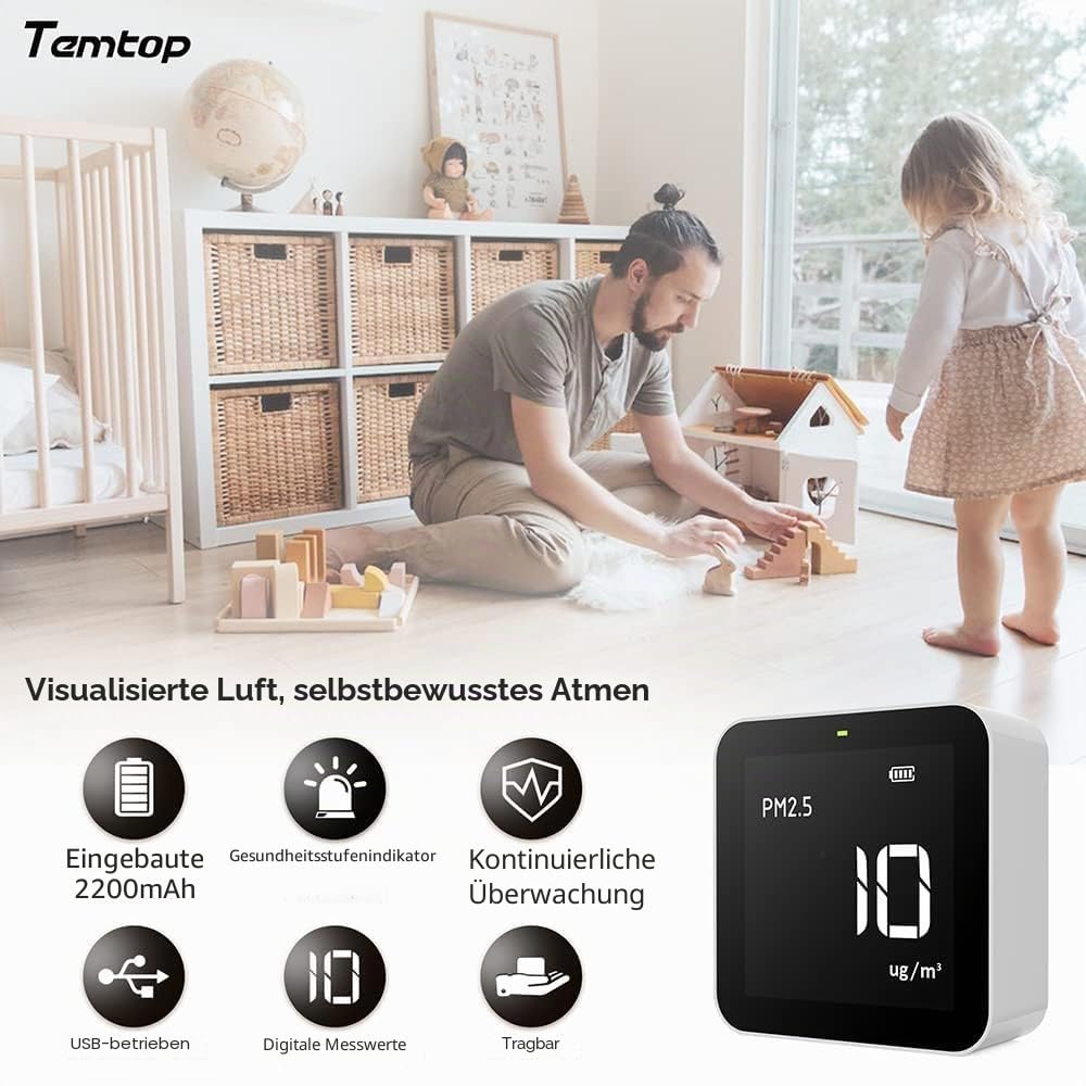 Temtop M10 Überwachung der Luftqualität für PM2.5/HCHO/TVOC/AQI, tragbarer intelligenter Monitor, wiederaufladbarer Akku