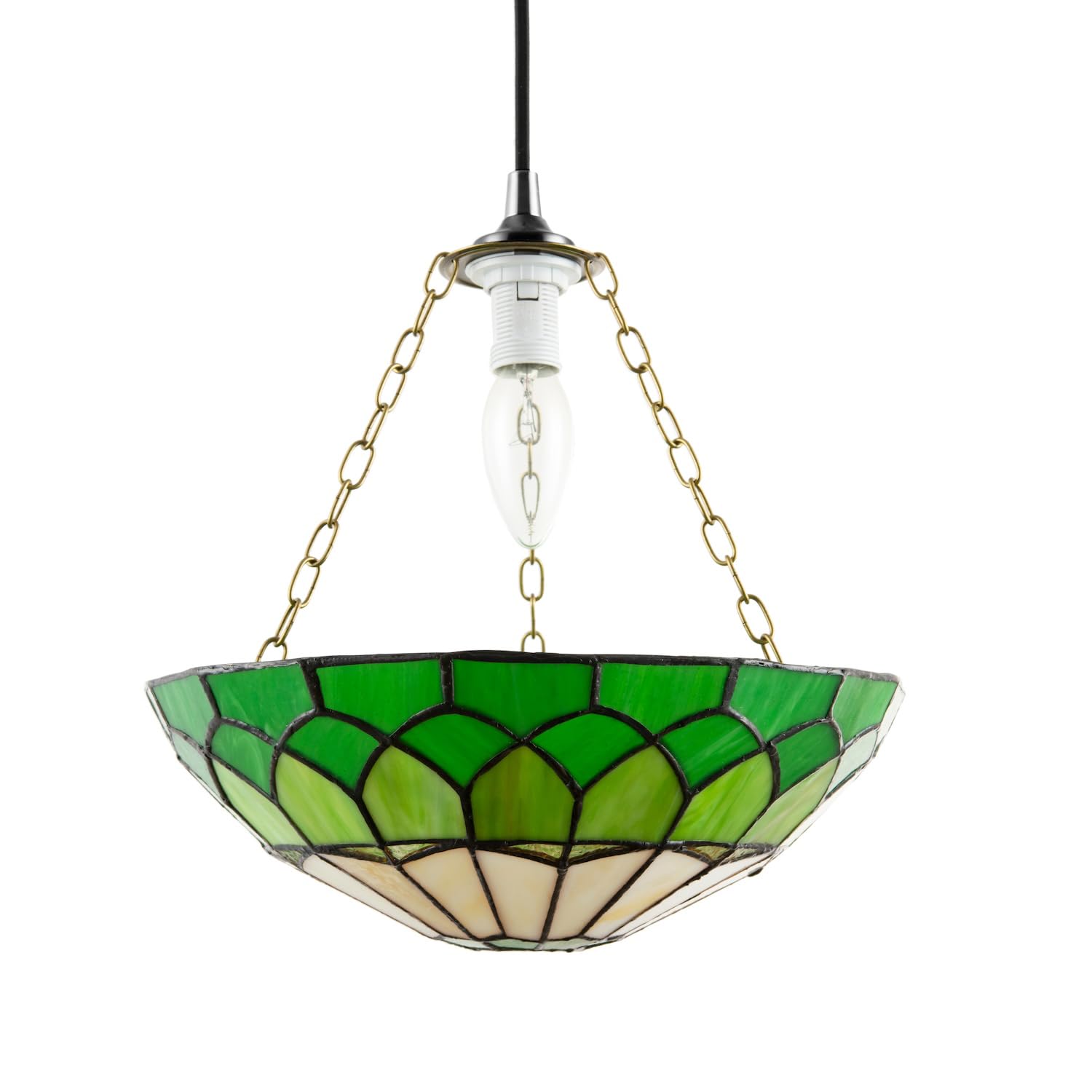 Tiffany Stained Glass Domed Pendant Lamp Shade - Green - 30cm Diameter - Metal with Brass Chain