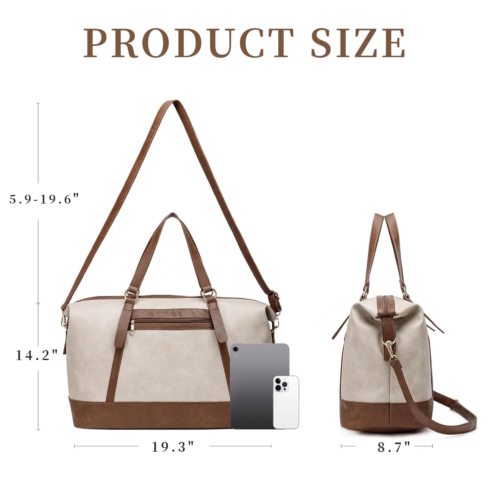 Travel Duffle Bag, Waterproof PU Weekend bag Weekender Overnight 2Way Carry On Handbag Brown