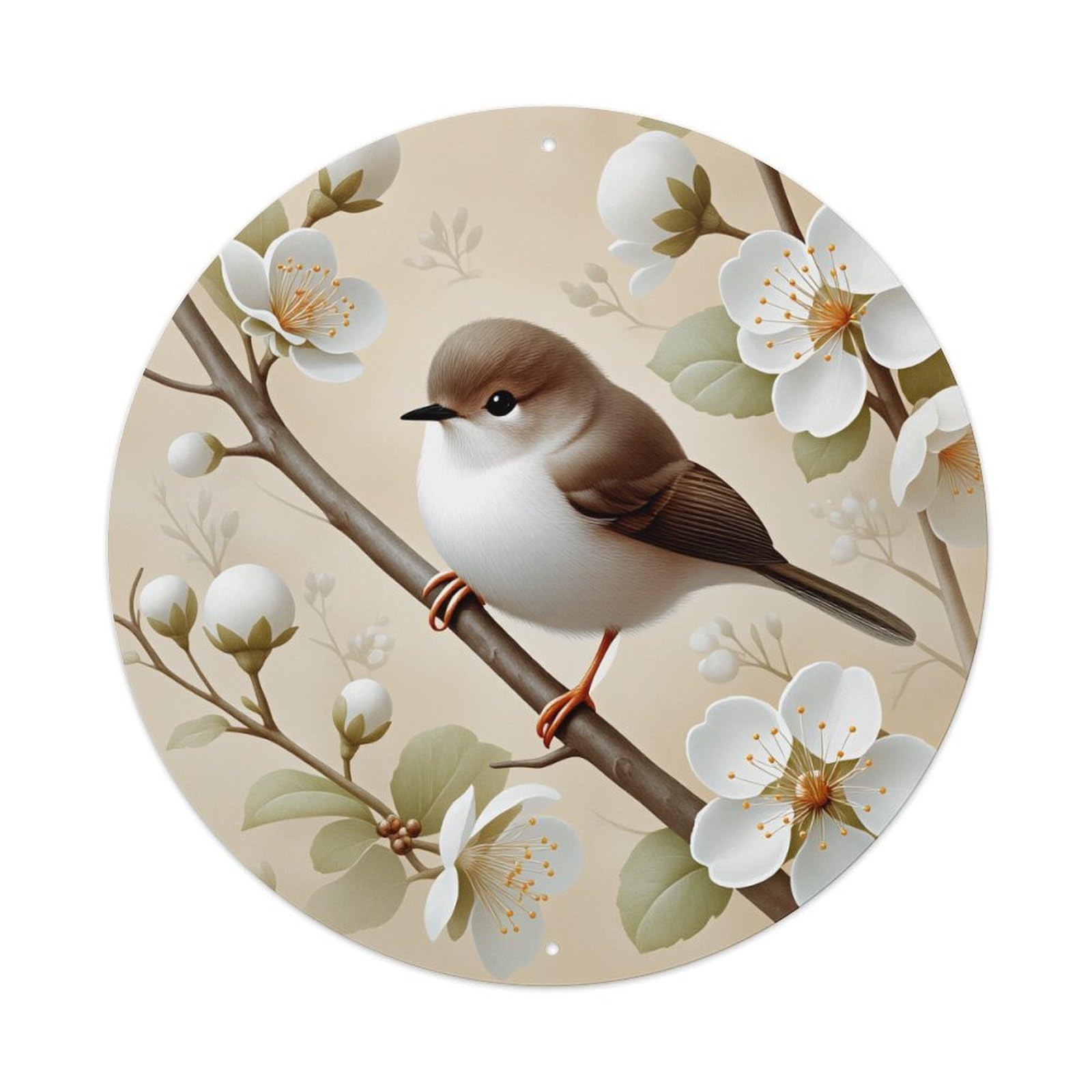 Bird On Blossom Branch Spring Round Tin Sign Vintage Metal Poster Retro Bar, Home, Man Cave, Kitchen, Laundry Room Wall Art Decor Gift 8x8Inch