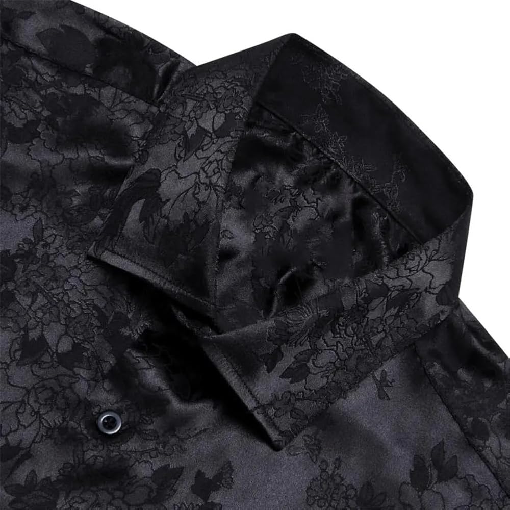 Mens Silky Shirts Solid Color Floral Long Sleeve Shirts Slim Fit