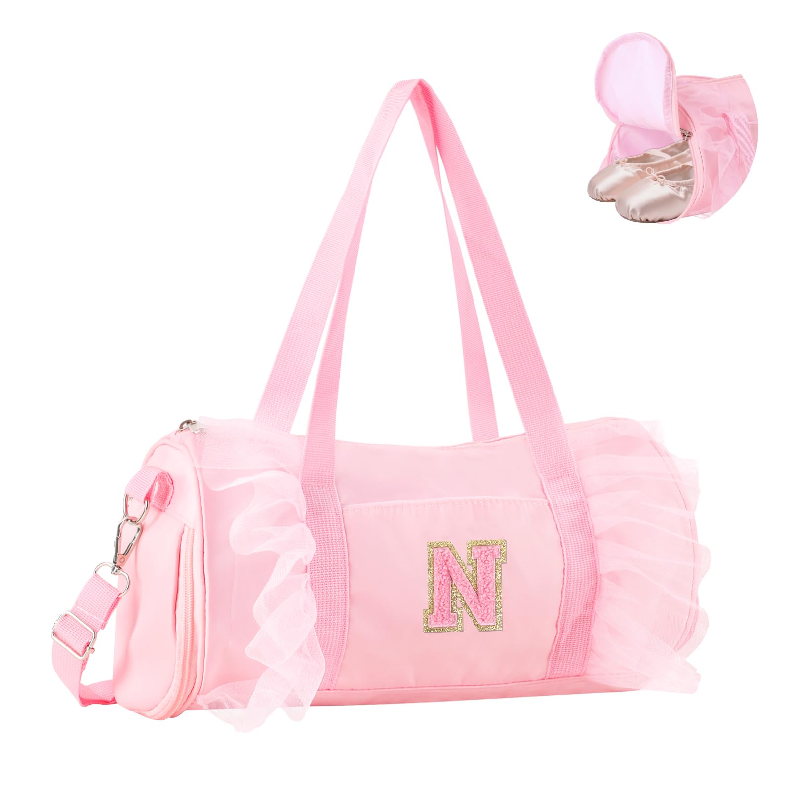 Personalized Initial Dance Bag for Girls 4-6, Small Lace Gym Sport Yoga Cheer Dance Bags Gift for Teen Girls, Cute Letter Kids Ballet Bag Toddler Travel Duffel Tote with Adjustable Straps(Pink-N)