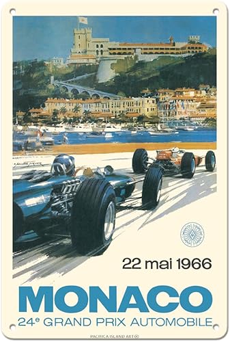 Póster de metal para automóvil, 8 x 12 pulgadas, póster vintage del Gran Premio de Mónaco 1966 por Michael Turner  Hecho en Estados Unidos