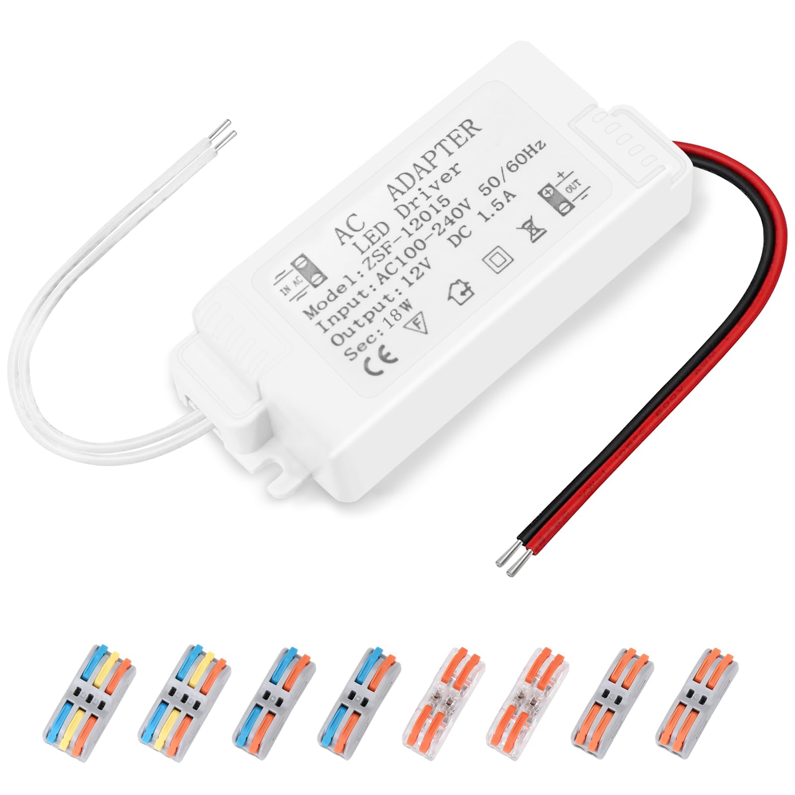 LED transformer 230 V to 12 V with plug connector, 2-pin, LED driver, no noise, no LED flicker, no transformer sound for MR16 GU5.3 MR11 G4 incandescent bulbs and LED strips (12