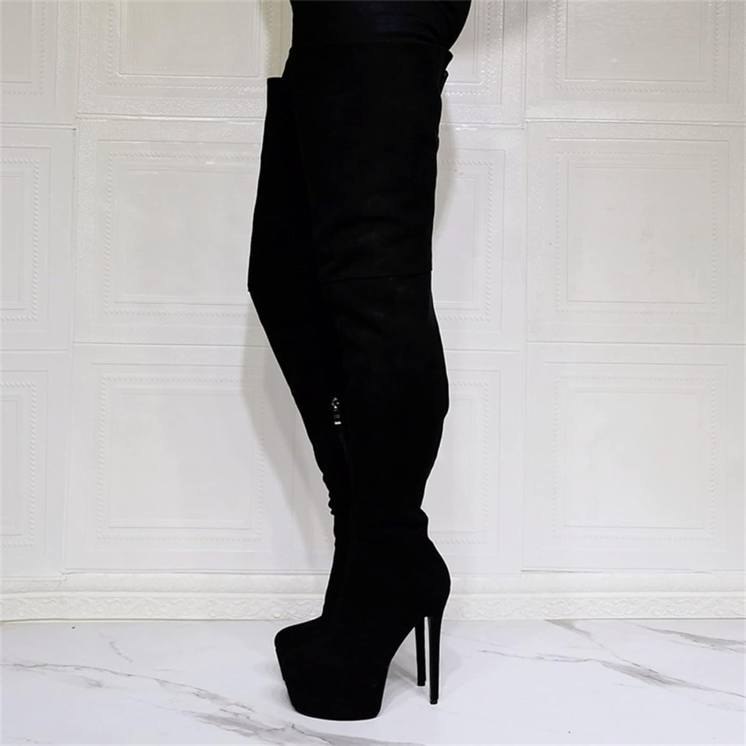 Damenmode Overknee-Stiefel aus schwarzem Wildleder sexy Plateau-Oberschenkelhohe Stiefel Fetisch-High-Heels Stripper-Club-Show Pumps-Schuhe shoes/Black/38EU