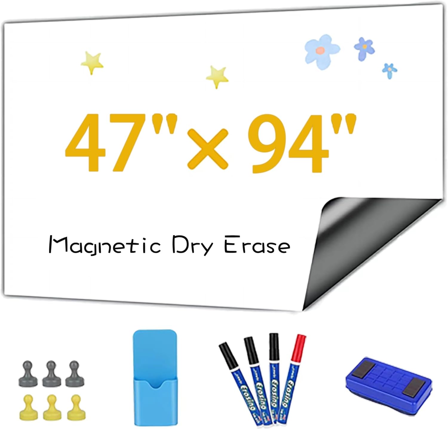Magnetic Dry Erase Whiteboard Paper, 47" x 94" White Board Sticker Self Adhesive Paper on Wall for School, Office, Kitchen Fridge, Kids Drawing with Marker, Magnetic Eraser, Marker Holder and Magnets 48" x 94"