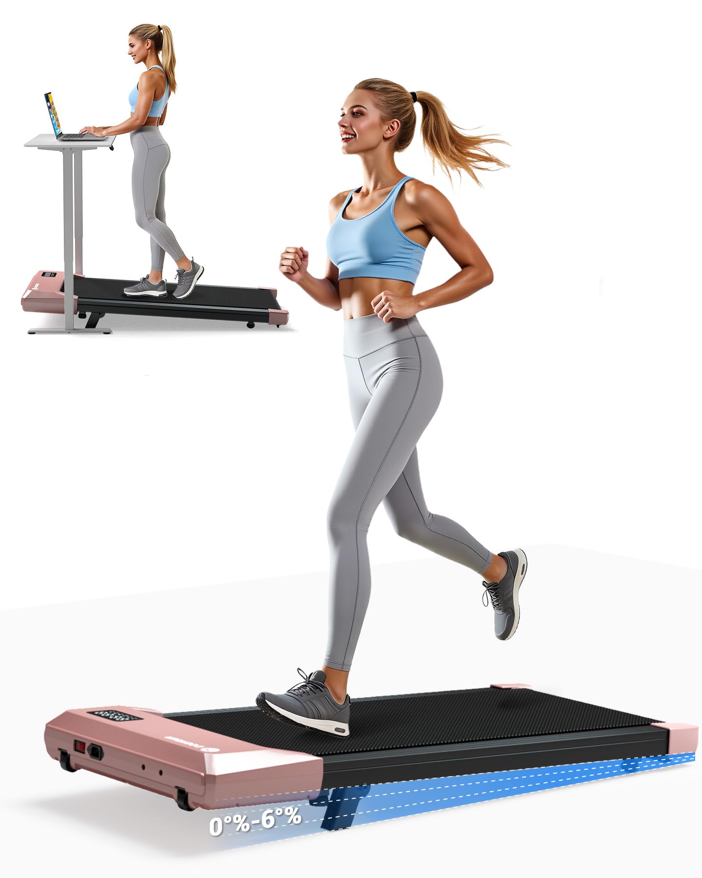 DeerRun Under Desk Walking Pad Treadmill for Home Office & Small Spaces, 6% Manual Incline, 0.6–3.8 MPH Walking Speed, 2.5 HP, 300 lb Capacity, App & Remote Control 6% Incline Gold