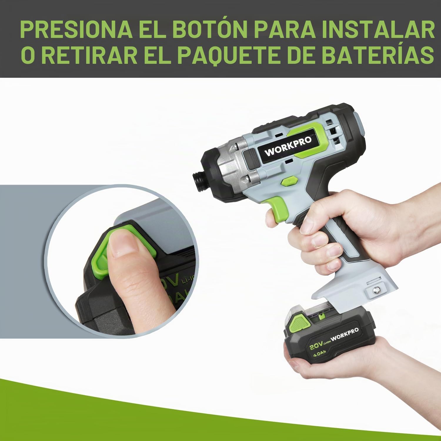 WORKPRO Batería Litio 20V 4,0Ah Sin Efecto Memoria Compatible | Mayor Capacidad para Trabajos Prolongados, Diseño Compacto y Protección Eficiente para Uso Continuo