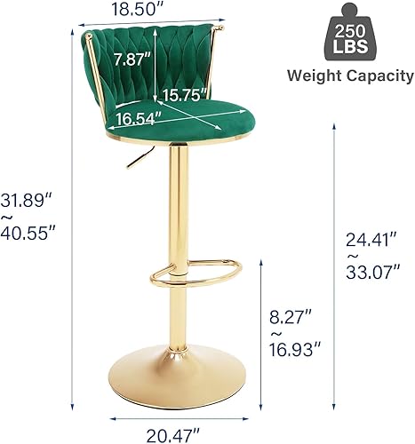 Miniatura 3 de Juego de 2 taburetes de bar giratorios de terciopelo, modernos taburetes de bar de altura ajustable de 24 pulgadas con respaldo tejido y reposapiés,