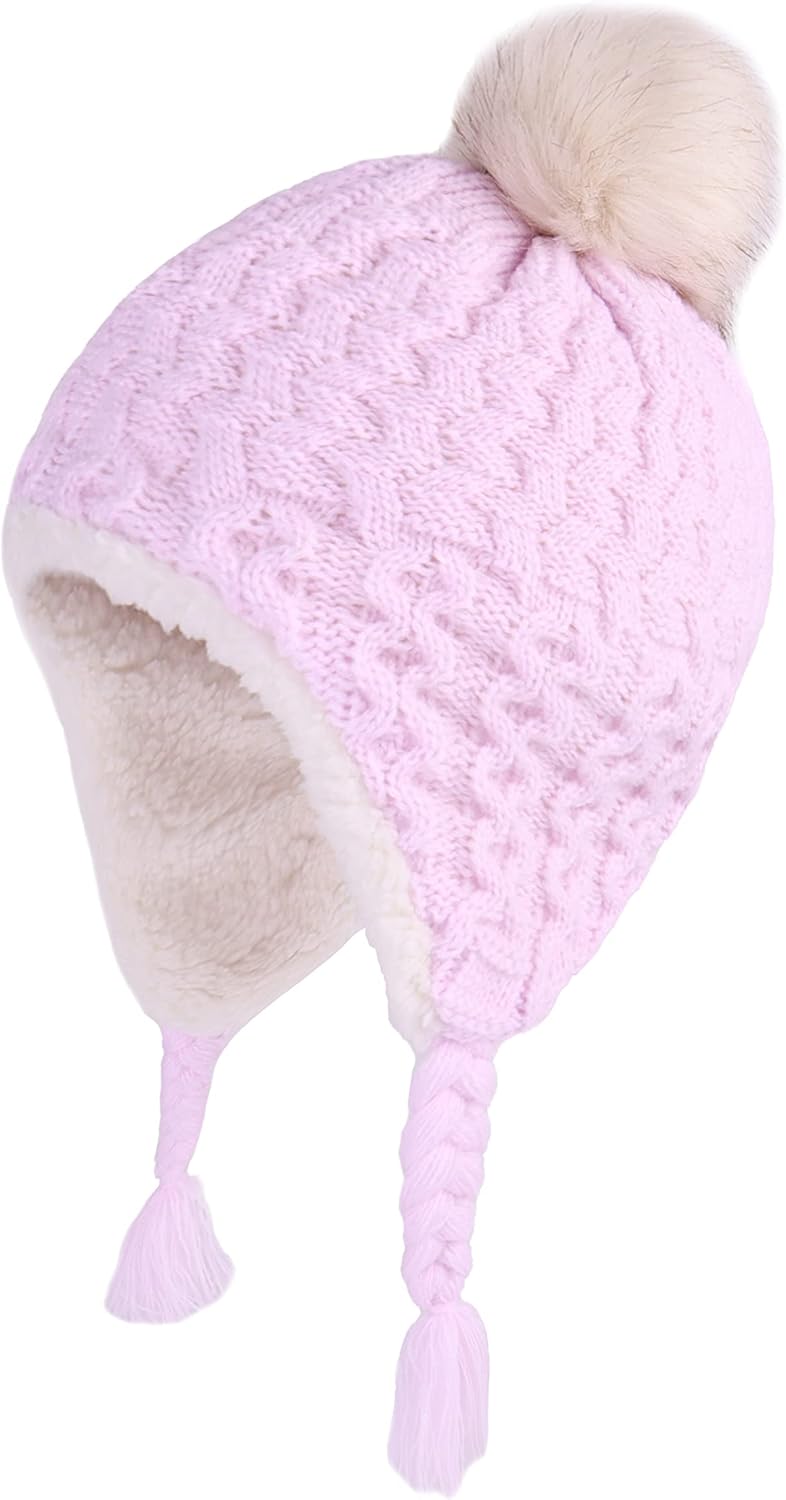 LANGZHEN Toddler Kids Infant Winter Hat,Earflap Knit Warm Cap Fleece Lined Beanie for Baby Boys Girls Light Purple 12-24 Months