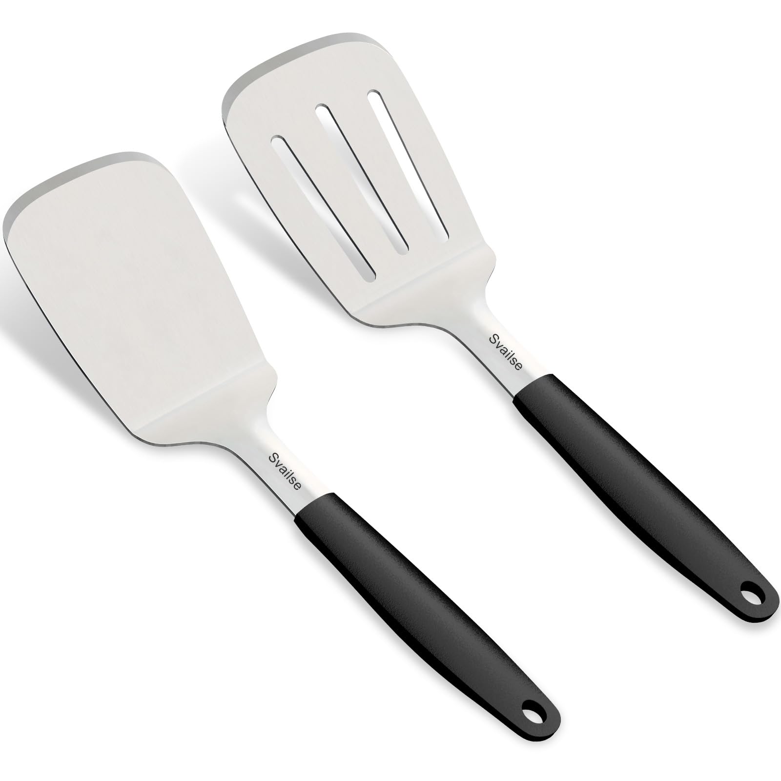 Svailse Stainless Steel Spatula Set, Large 13.4 In Metal Spatula for Kitchen Use, Heavy Duty BBQ Turner with Silicone Handle, Set of 2 Solid & Slotted Flipper for Cast Iron Skillet, Grilling & Cooking