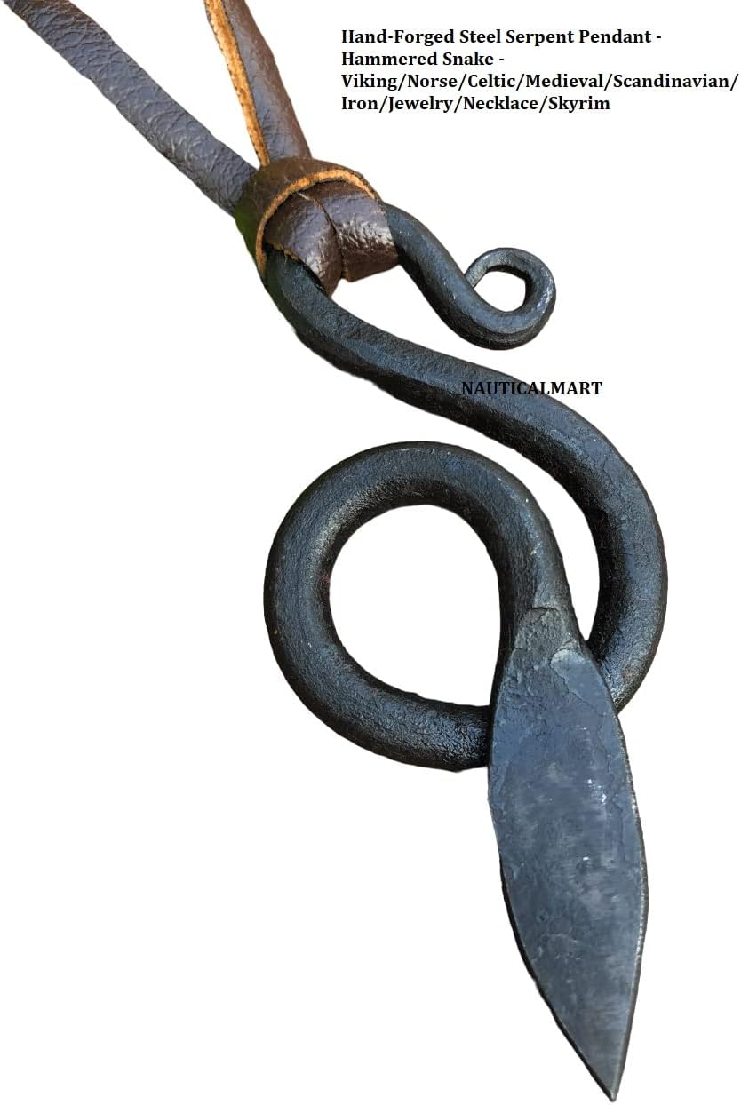 NauticalMart Hand-Forged Steel Serpent Pendant - Hammered Snake -Viking/Norse/Celtic/Medieval/Scandinavian/Iron/Jewelry/Necklace/Skyrim