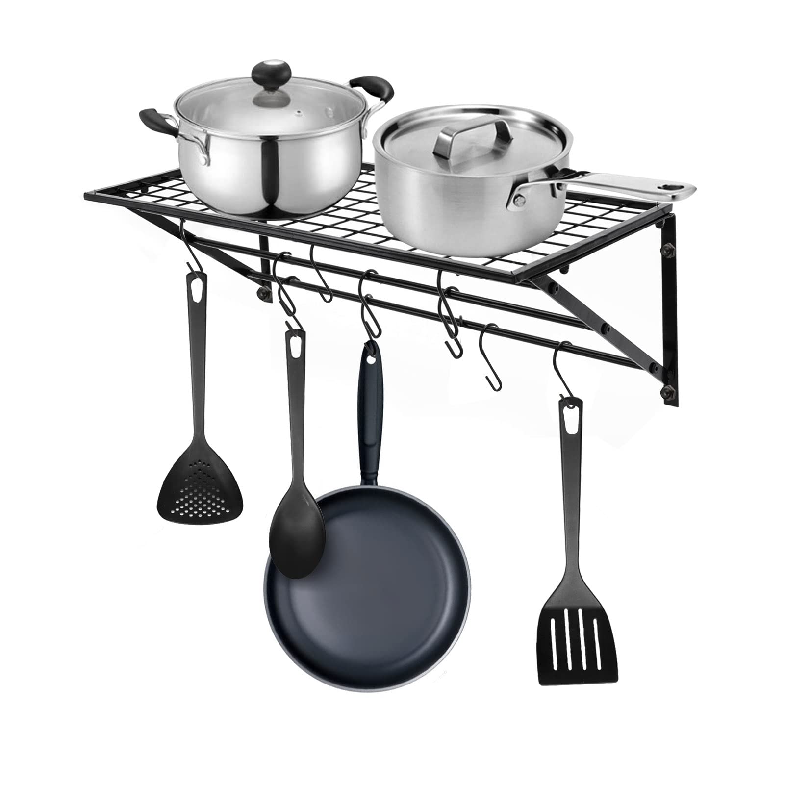 ColdShine Wall Mounted Pan Rack 60cm Metal Hanging Holder Pot Rack with 2 Rails 10 Hooks Kitchen Pots Organizer for Pot Lid Pan Spoon BBQ Tools Cookware