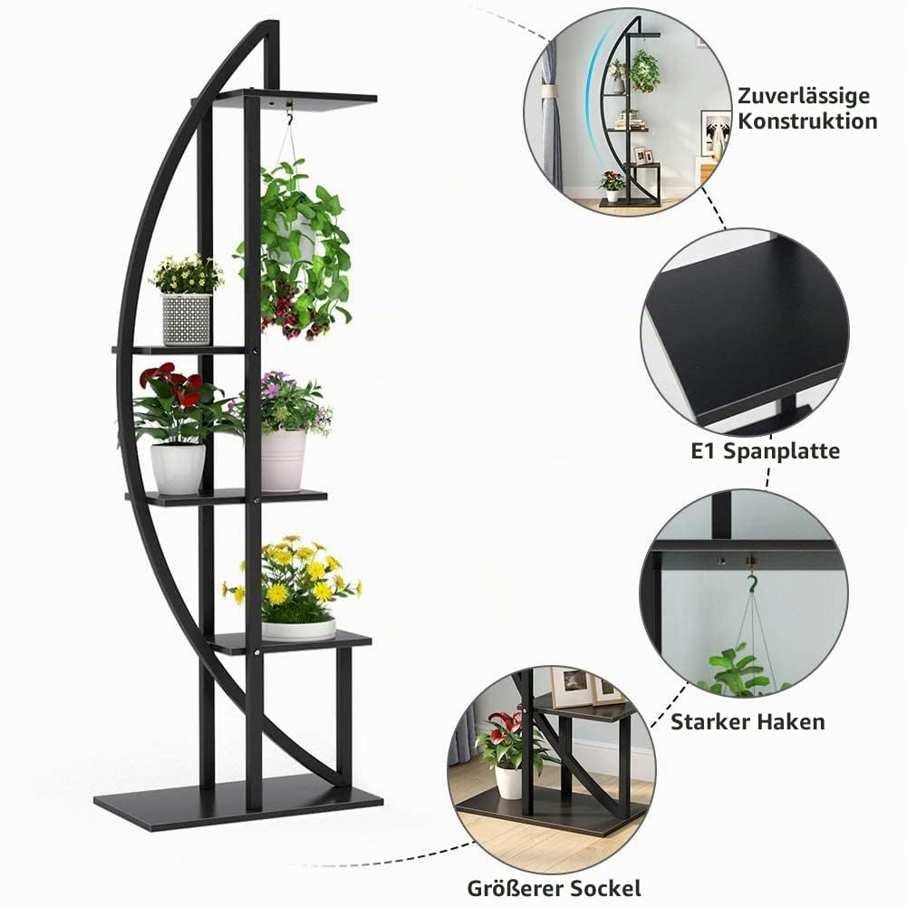 Tribesigns Blumenständer, 2 Stück Pflanzenregal mit 5 Ebenen und 2 Haken, 160cm Hoch Pflanzenständer Metall Blumenregal für Indoor Balkon Boden Blumentreppe Wohzimmer (Mattschwarz)