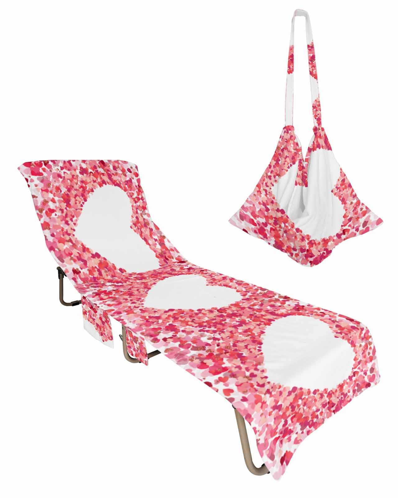 Valentine's Day Beach Lounge Chair Towel Cover, Soft Chaise Lounge Towel with Side Pockets Patio Pool Chairs Cover for Beach/Pool Sunbathing 29x85 Pink Red Ombre Love Heart