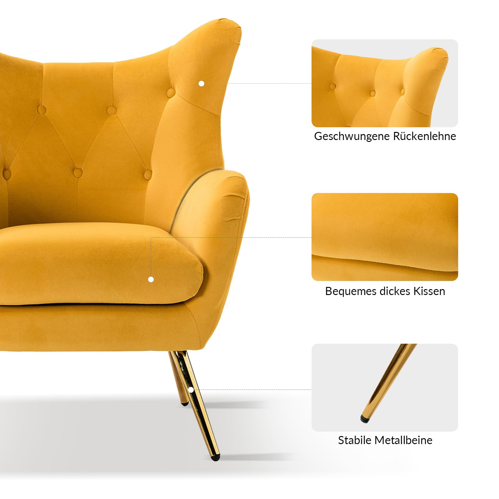 HULALA HOME Sessel gemütlich Ohrensessel gepolstert mit goldenen Metallbeinen Lesesessel bequem Loungesessel aus Samt für Wohnzimmer Schlafzimmer 2er Set, Gelb