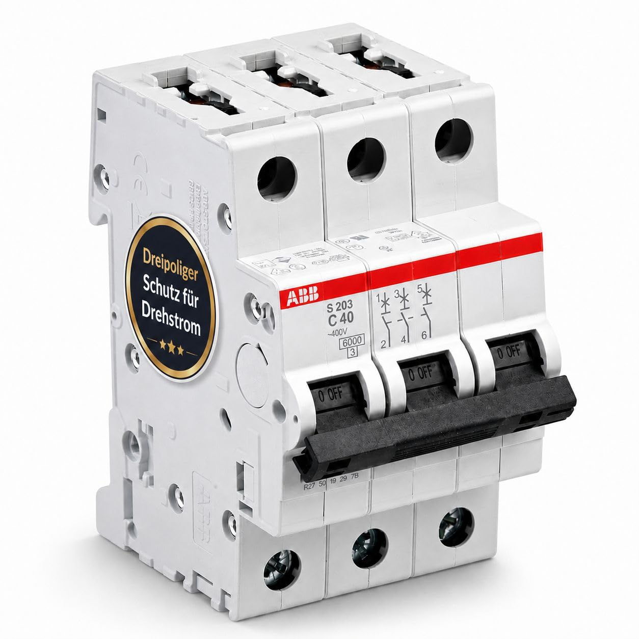 ABB S203-C40 Leitungsschutzschalter 3-polig C40A 6kA, Sicherungsautomat Drehstrom 400V, LS-Schalter für Hutschiene, Leitungsschutzschalter 40A, System pro M compact, DIN EN 60898-1