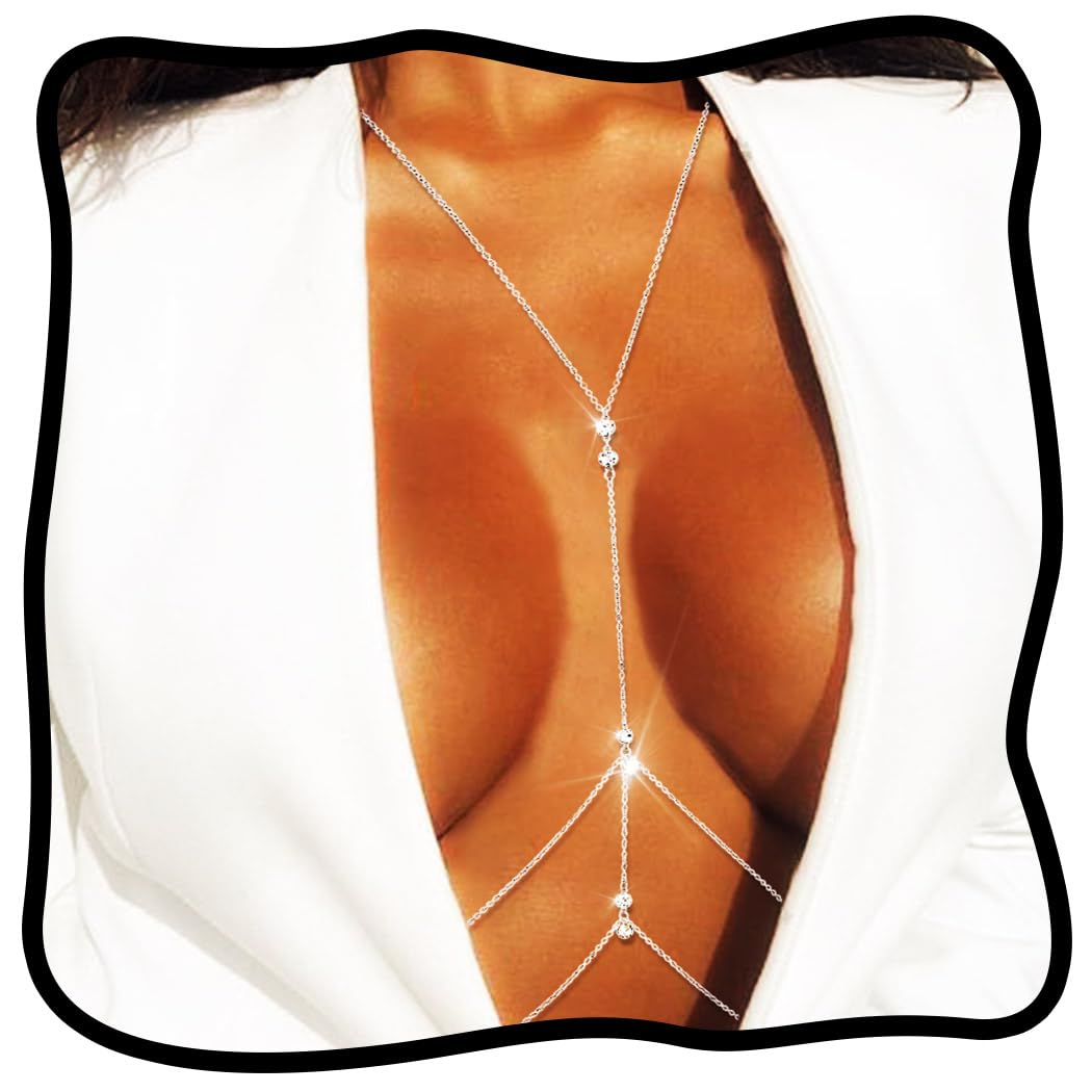 Urieo Sparkly Rhinestone Bra Chain Silver Crystal Layered Chest Chain Diamond Sexy Necklaces Body Chain Jewelry for Women