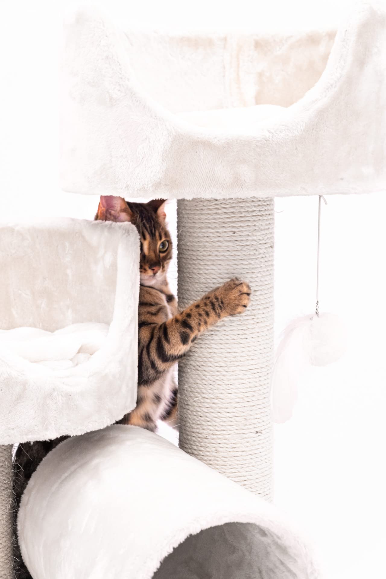 Petrebels Kratzbaum Platzsparend Victoria 125, auch ideal für senioren Katzen, Katzenbaum mit Sisal-Kratzstämmen 12 cm, Höhle, Liegemulden & Spieltunnel, Stabiler Katzenkratzbaum in Creme