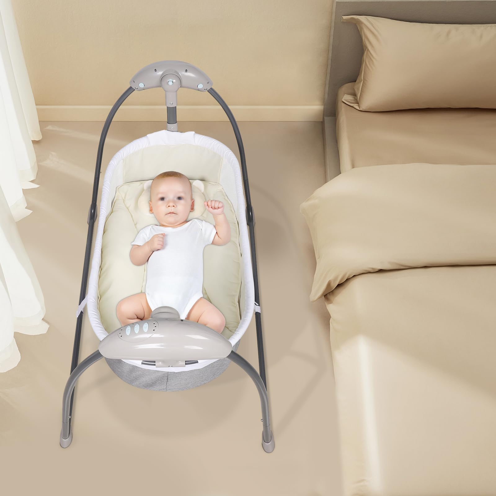 Babybett Baby Schüttelbett 0-12 Monate 10kg 80x44x25cm 8-30min 3 Stufen | Elektrisches Babybett Babywiege elektrisch 180° flache Position 8/15/30min Timer Bluetooth Fernbedienung Moskitonetz