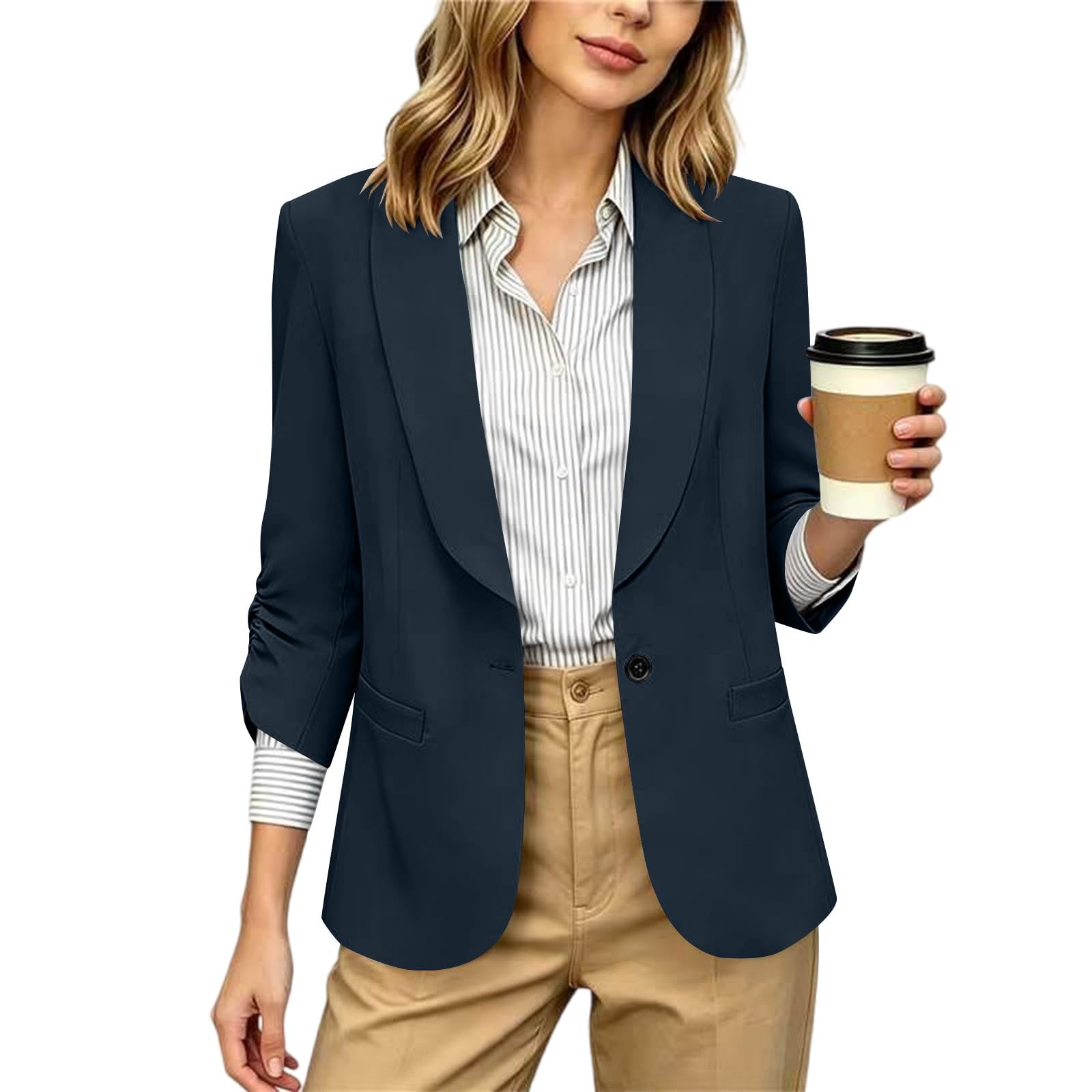 RLEHJN Damen Blazer,Lange Casual Open Front Gefütterte Blazer Arbeit Büro Jacken mit Taschen Sportlich Elegant Blazerjacke Casual Blazer Jacket Übergangsjacke Business Casual Outfits Für Die Arbeit