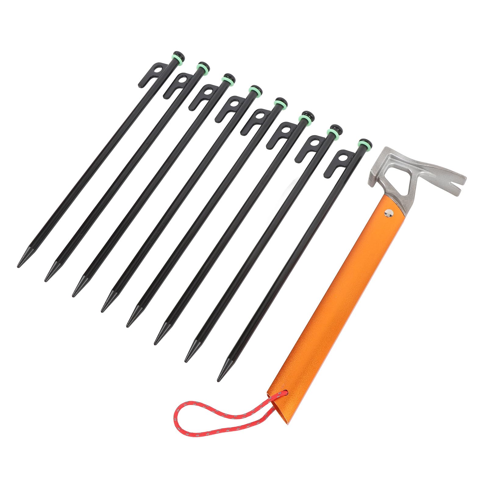 Picchetti per tenda da 30 cm, con tiranti e clip, resistenti e leggeri, con martello, per campeggio ed escursionismo, in lega di alluminio, confezione da 8 (nero e arancione)
