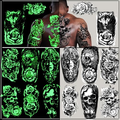24 Sheet Glow in the Dark Temporary Tattoos Adult Luminous Wolf Tiger Lion Skull Waterproof Fake Tattoos Stickers for Women Men Kids, Halloween Cosplay Rave Festival Supplies Party Favor
