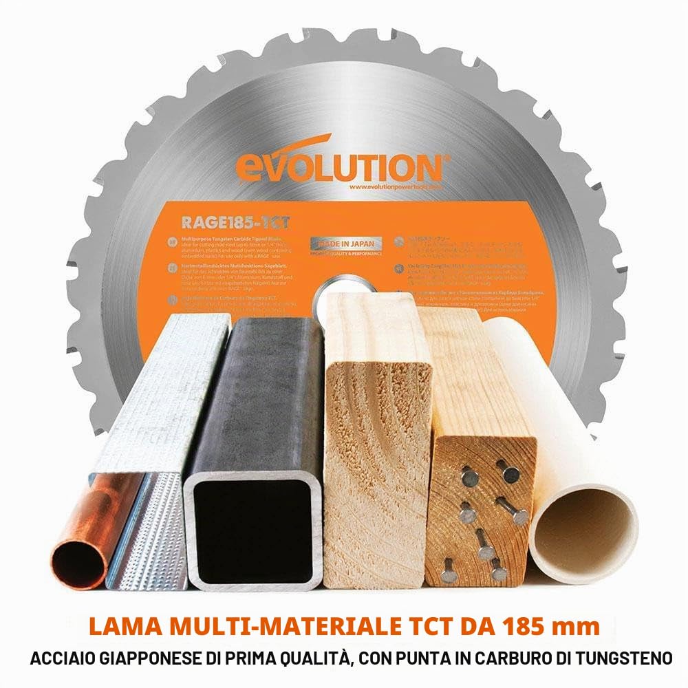 Evolution Power Tools - R185CCSX+ Sega Circolare Multi-Materiale 185 mm Compatibile con Binario Guida (Pacchetto Plus con Custodia da Trasporto), 230 V